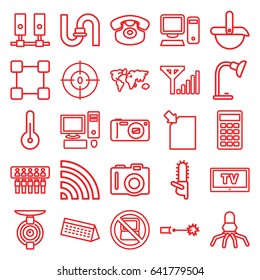 Technology icons set. set of 25 technology outline icons such as no laptop, camera, pipe, chainsaw, wi-fi, desk phone, dna, calculator, table lamp, pc, temperature, tv