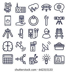 Technology icons set. set of 25 technology outline icons such as level equipment, calculator, brain, level ruler, chainsaw, railway, radio, satellite, mp3 player
