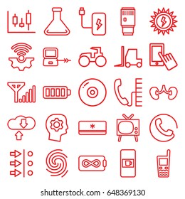 Technology icons set. set of 25 technology outline icons such as vending machine, call, laptop connection, finger on display, tractor, kidney, old phone, baterry, test tube