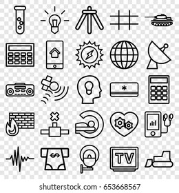 Technology icons set. set of 25 technology outline icons such as atm money withdraw, tractor, mri, gear heart, satellite, tv, mp3 player, record player, music equalizer