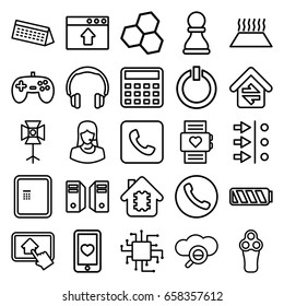 Technology icons set. set of 25 technology outline icons such as atm, electric razor, calculator, customer support, heart mobile, call, soft box, home connection