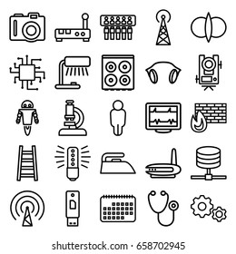 Technology icons set. set of 25 technology outline icons such as signal tower, camera, level equipment, iron, cooker, ladder, heartbeat, stethoscope, earphones, signal, robot