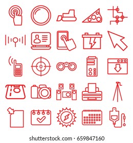 Technology icons set. set of 25 technology outline icons such as atm money withdraw, laptop, battery, tractor, drop counter, touchscreen, dna, printer, camera, camera tripod