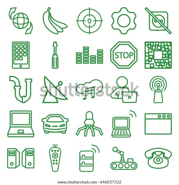 Technology icons set. set of\
25 technology outline icons such as satellite, man with laptop,\
car, screwdriver, pipe, qround the globe, signal, remote control,\
desk phone