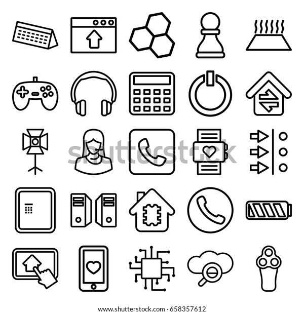 Technology icons set. set of 25\
technology outline icons such as atm, electric razor, calculator,\
customer support, heart mobile, call, soft box, home\
connection
