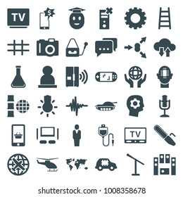 Technology icons. set of 36 editable filled technology icons such as gear, camera, plane, world map, microphone, ladder, atom move, gear in head, cpu in car, holding globe