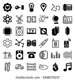 Technology icons. set of 36 editable filled and outline technology icons such as bulb, speaker, credit card in hand, no plug, connection, location, equalizer, medical phone