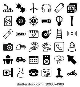 Technology icons. set of 36 editable filled and outline technology icons such as mill, joystick, ladder, medical cross, brain bulb, test tube, loud speaker with equalizer
