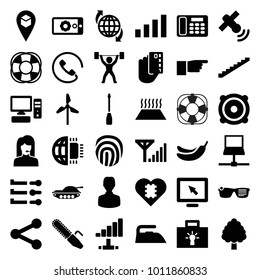 Technology icons. set of 36 editable filled technology icons such as stairs, banana, iron, display, user, credit card in hand, mill, cpu in heart, fan, bulb, speaker, laptop