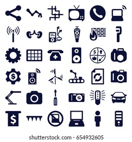 Technology icons set. set of 36 technology filled icons such as gear, signal tower, no laptop, camera, cpu, reload, car, screwdriver, clamp, plowing tool, kidney