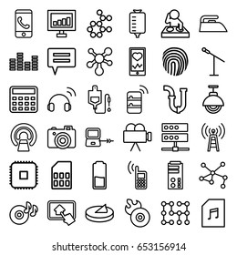 Technology icons set. set of 36 technology outline icons such as laptop connection, iron, calculator, signal, pipe, drop counter, mri, heartbeat on phone, connection