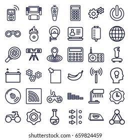 Technology icons set. set of 36 technology outline icons such as signal tower, connection, joystick, banana, equalizer, iron, calculator, laptop, map location, gear, tractor