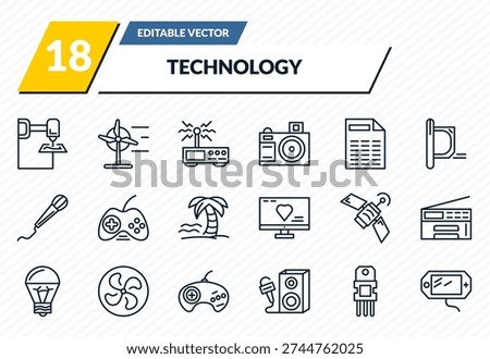 technology icons set - 3d printers, wind power, wireless transmitter, resistor,   outline vector collection.