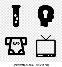 Technology icons set. set of 4 technology filled icons such as ATM money withdraw, TV, keyhole in head