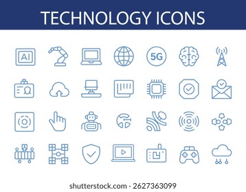 Conjunto de iconos de Tecnología: 5G, IA, robótica, computación en la nube y más: Ilustraciones vectoriales planas.