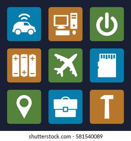 Technology icons set. Set of 9 Technology filled icons such as car, pc, memory card, location pin, case, switch off, hummer, battery