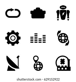 Technology icons set. set of 9 technology filled icons such as qround the globe, pin on globe, reload replay, equalizer, camera lense, gear, CPU, robot
