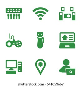 Technology icons set. set of 9 technology filled icons such as joystick, electric razor, man with laptop, location, pc, real estate on laptop, audio system, wi-fi