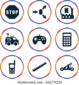Technology icons set. set of 9 technology filled icons such as stairs, old phone, tv van, calculator, stop, catapult, atom move, cpu