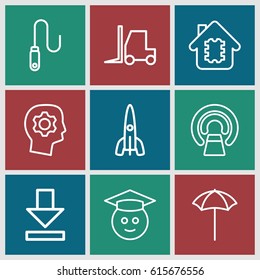 Technology icons set. set of 9 technology outline icons such as tractor, MRI, download, studio umbrella, wire, rocket, graduate emoji, gear in head