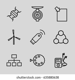 Technology icons set. set of 9 technology outline icons such as mill, structure, dna, mp3 player, camera mode, connection, usb signal, spy camera
