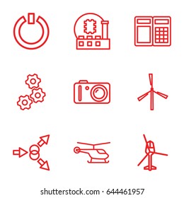 Technology icons set. set of 9 technology outline icons such as helicopter, mill, camera, switch off, gear, atom move, cpu