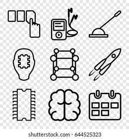 Technology icons set. set of 9 technology outline icons such as push button, brain, arm lever, mp3 player, cpu, calendar, cube, rocket