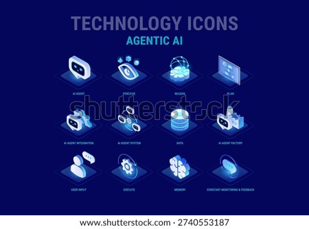 Technology icons set for Agentic AI workflow diagram - AI agent integration, AI factory, system, data, perceive, reason, plan, execute  - high quality isometric vector