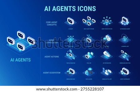 Technology icons set for AI Agents workflow diagram - AI and data, AI agent, multi-agent system, agent actions, ecosystem, data access, orchestration - high quality isometric vector for high tech modern infographics
