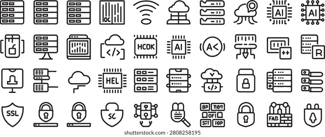 Technology Icons Set with Ai, Cloud, Servers, Databases, Security Shields, and Connectivity Symbols in Vector Line Style
