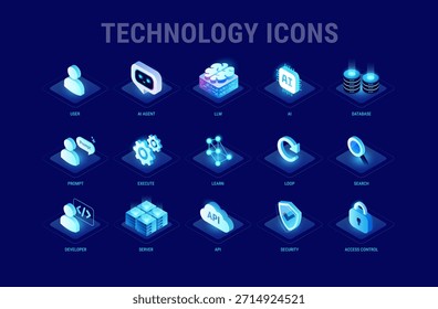 Conjunto de ícones de tecnologia - IA e dados, agente de IA, aprendizagem de máquina, integração de nuvem de API, servidor, banco de dados, segurança, controle de acesso - vetor isométrico de alta qualidade