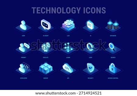 Technology icons set - AI and data, AI agent, machine learning, API cloud integration, server, database, security, access control - high quality isometric vector
