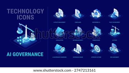Technology icons set for AI Governance workflow diagram -   AI compliance, responsible AI, regulations, ethics, policy, risk and control, framework - high quality isometric vector	