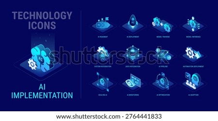 Technology icons set for AI Implementation workflow diagram - AI deployment, integration, roadmap, AI model training, inference, pipeline, scaling - high quality isometric vector
