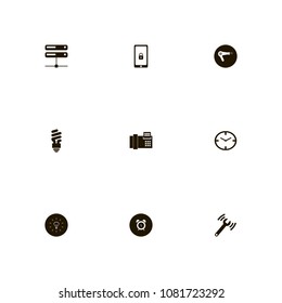 Technology icons set. alarm clock on the black, hair dryer, connecting and fax