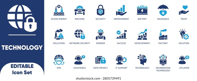 Technology icons set. assistance, improvement, information technology, insurance, agent, and solid illustration.