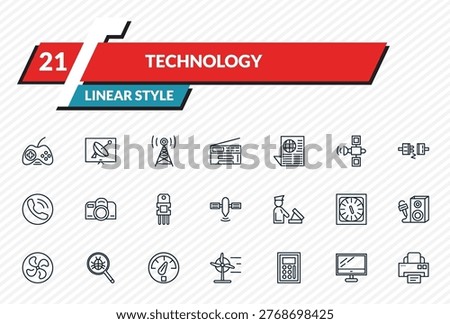 technology icons set - big joystick, tv and satellite, media, computer screen linux, printing outline vector collection.