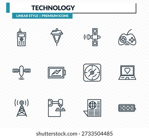 conjunto de ícones de tecnologia - grande walkie talkie, poste de lâmpada, satélite espacial, laptop com um coração, coleção de vetor de esboço de energia tee.