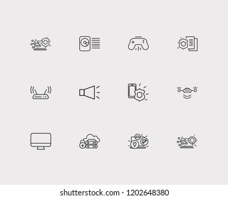 Technology icons set. Bullhorn and technology icons with modem, computer widget and monitor. Set of backup for web app logo UI design.