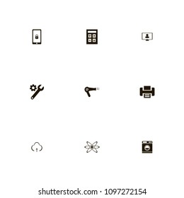 Technology icons set. calculator, printer, global and blocked