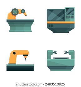 Сnc technology icons set cartoon vector. Computer controlled milling machine. Industrial tool