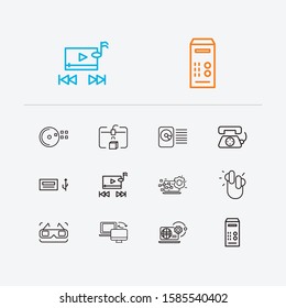 Technology icons set. Cd disk and technology icons with music player, steamroller and earphones. Set of stereo for web app logo UI design.