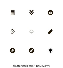 Technology icons set. clock, photo, calculator and camera