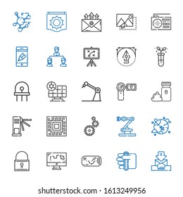 technology icons set. Collection of technology with email, test tube, ar glasses, draw, padlock, worldwide, industrial robot, settings. Editable and scalable technology icons.