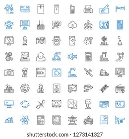 technology icons set. Collection of technology with engine, signal, satellite dish, electric tower, photo, calculator, atom, proteins. Editable and scalable technology icons.