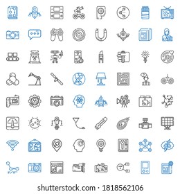 technology icons set. Collection of technology with newspaper, console, sharing, gps, video camera, layout, photo camera, molecules, brainstorming. Editable and scalable technology icons.