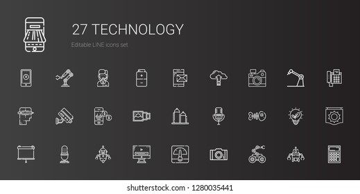 technology icons set. Collection of technology with robot, photo, voltmeter, video player, microphone, projector, fishbone, silo, picture. Editable and scalable technology icons.
