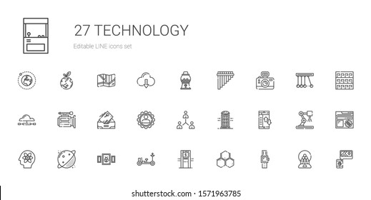 technology icons set. Collection of technology with smartwatch, molecule, atm, moon rover, picture, planet, atom, data transfer, phone booth. Editable and scalable technology icons.