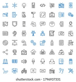 technology icons set. Collection of technology with space station, earphones, radio, mail, map, satellite dish, graphic design, molecules. Editable and scalable technology icons.