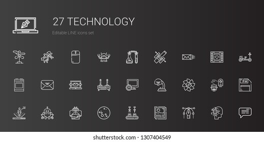 technology icons set. Collection of technology with vector, photo, industrial robot, moon, robot, turbine, lamp, computer, router, laptop. Editable and scalable technology icons.